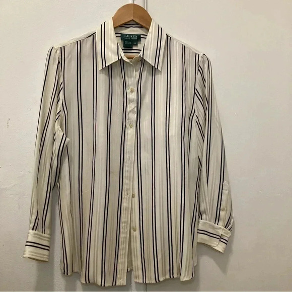 Lauren Ralph Lauren Button Down‎ Blouse Womens SZ 12 100% Silk Striped Print - Picture 1 of 9